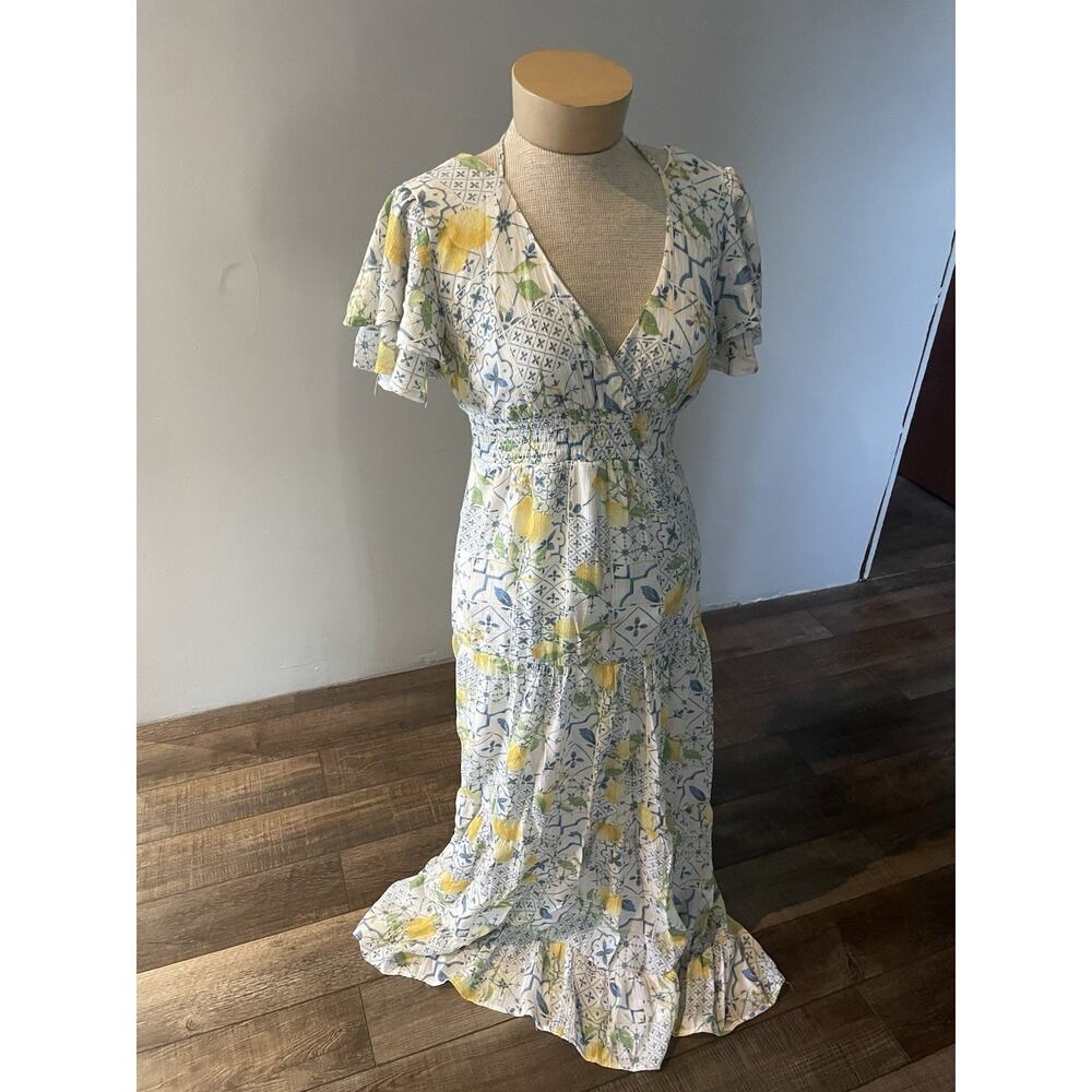 Better/ Together NY Gauzy Lemon Maxi Deep V Neck Flutter Sleeve Tier Maxi Dress